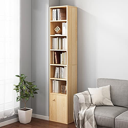 IOTXY Small Narrow Corner Bookcase - 71 Inches Tall Gap Freestanding Storage Cabinet, 7 Lattices Open Shelves Tower Rack with Door, Cubes Bookshelf in Oak - color: Oak, size: 7-Cubes with Door