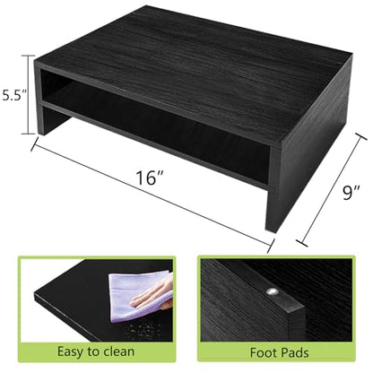 Simpple Trending Monitor Stand Riser, 2 Tier Wood Office Desk Storage Organizer for Laptop, Computer, Black - size: 16"W x 9"D x 5.5"H