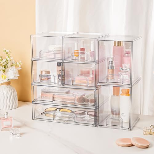 Vtopmart Stackable Storage Drawers Set of 8, Clear Plastic Organizer Bins for Bathroom Supplies,Ideal for Cabinet,Pantry,Laundry Room Organization - style: 4 Small+2 High+2 Wide
