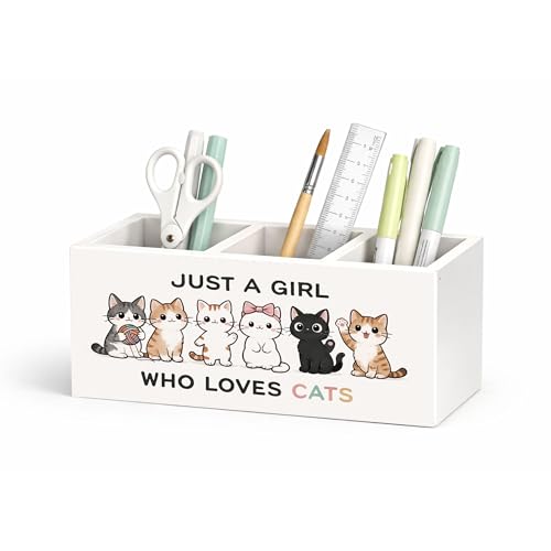 Cat Lover Wooden Desk Organizer Pen Holder | Cute cat lover desk decor with 3 compartments; wooden pen holder for office, home desk storage, or cat gifts for women. - color: Cat Lover Girl