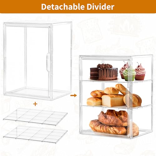 Bakery Display Case, 3 Layer Clear Acrylic Pastry Display Case, 2 Pack | Countertop Bread Box with 2 Adjustable Shelves, Magnetic Door, Display for Kitchen and Events, Size 10.6 x 8.7 x 14.2 Inches - color: Transparent 2 Pack