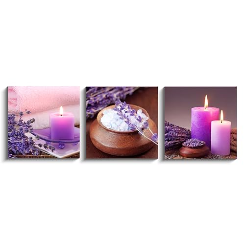 NAN Wind Zen Canvas Wall Art Spa Still Life With Purple Aromatherapy Candles And Zen Stone Aroma Lavender Flower Painting Pictures Print on Canvas Ready to Hang for Bathroom Decoration - color: aromatherapy, size: 12X12inchX3pcs
