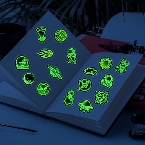 50 Pcs Glow in The Dark Neon Space Water Bottle Stickers | Cartoon Astronaut Planet, Laptop Decals, Waterproof Vinyl, Phone Case Luggage Scrapbook Guitar DIY Decor - color: Luminescent-475kscp