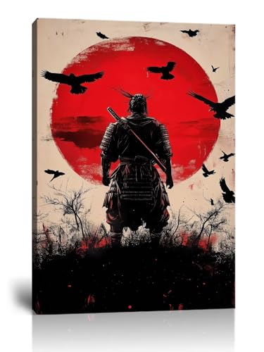 Japanese Samurai Wall Art for Living Room Bedroom Home Decorations Red Sun and Samurai Picture Poster Framed Artwork Canvas Prints Ready to Hang(12''W x 16''H) - color: samurai art-11, size: 12"L x 16"W