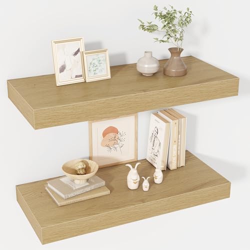 Acovy 24 Inch Floating Shelves, 12" Deep Floating Shelf Wall Mounted, 24" Wall Shelves, Rustic Deep Bookshelf, Extra Deeper & Thicker Display Shelves for Bedroom, Living Room, Oak, Set of 2 - color: Oak, size: 12"Wx24"L-2pcs