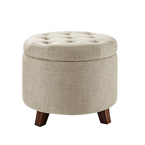 Amazon Basics Round Storage Ottoman Foot Rest, Button Tufted Upholstered Footstool with Storage, Sturdy Linen Fabric for Living Room and Bedroom, 20" x 17", Beige