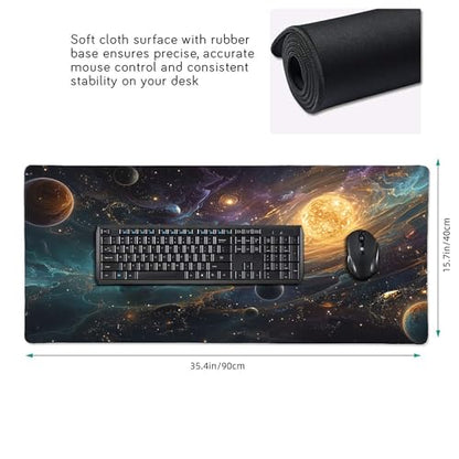 Extended Gaming Mouse Pad,XXL Extended Gaming Keyboard Mat, Solar System Universe Design, Laptop Desk Protector 35.4 x 15.7 Inches, Rubber Material, Anti-Slip Base, Rectangular Shape, Stitched Edges - color: Solar System Universe