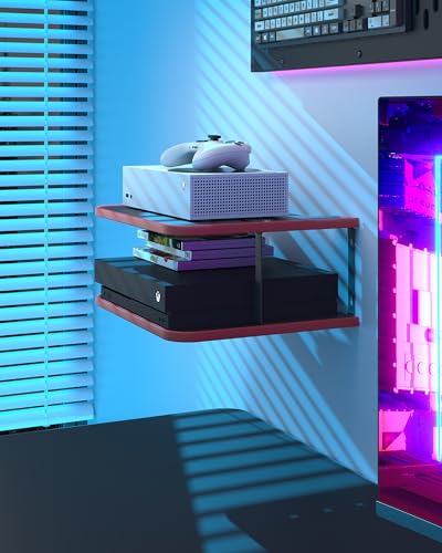 Floating Under TV Game Double Shelf Stand for Xbox Shelf wall Mount for one S/X Series S, Projector Shelf/Router Shelf/Entertainment Center, Projector Holder Accessories, Black Red