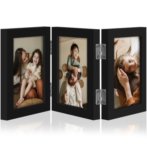 decorUhome Black Triple 3.5x5 Picture Frame Vertical, MDBK08 | "Z" Shape Folding Design Engineered Wood Trifold Photo Frame with Plexiglass for Tabletop Display - color: Black, size: 3.5x5