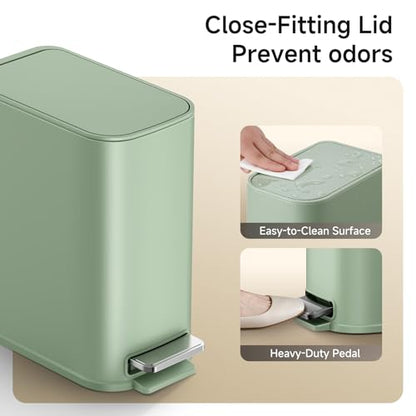 TIPGO Small Bathroom Trash Can with Lid Soft Close, Step Pedal, 1.3 Gallon / 5 Liter Stainless Steel Slim Garbage Can for Office, Diaper Waste Basket with Removable Inner Bucket (Green) - color: Green