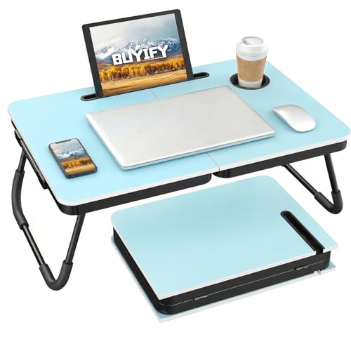 BUYIFY 23.4" Foldable Lap Desk Bed Table with Cup Holder Portable Tray Blue | Folds Flat for Easy Storage, No Assembly Laptop Bed Desk, Sturdy and Lightweight, Versatile for Work Eat Study, Patent Design - color: Blue