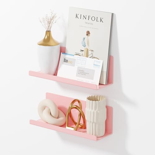 PAVSTINE Adhesive Floating Shelves for Wall No Drilling, 12 Inch Acrylic Self Adhesive Shelves, Stick on Shelves, Dorm Wall Shelf, for Bathroom, Kitchen, Bedroom, Office, Gaming Room, Pink - color: Pink