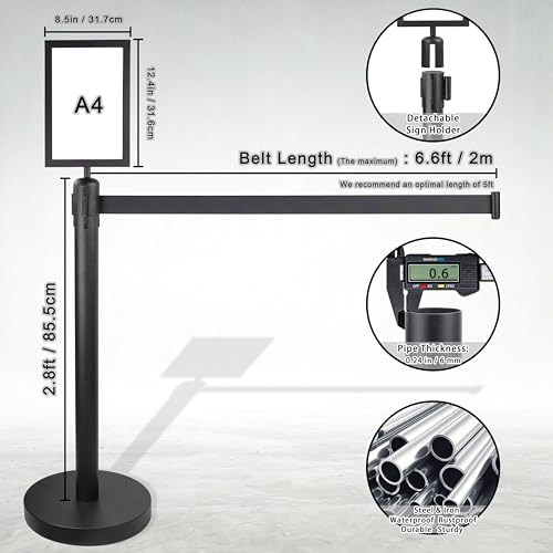 Crowd Control Stanchions w/Retractable Belt Sign Topper 4 Pack | 6.6ft / 2m Retractable Belt Barriers with Durable Refillable Enlarged Base for Crowd Control & Queue Management - size: 4 PCS
