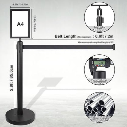Crowd Control Stanchions w/Retractable Belt Sign Topper 4 Pack | 6.6ft / 2m Retractable Belt Barriers with Durable Refillable Enlarged Base for Crowd Control & Queue Management - size: 4 PCS