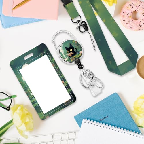 Black Cat and Plant for ID Badge Holder, Black Cat and Plant ID Badge Holder with Heavy-Duty Retractable Reel Clip, Gift for Teacher Nurse Adult - color: Blackcat-green