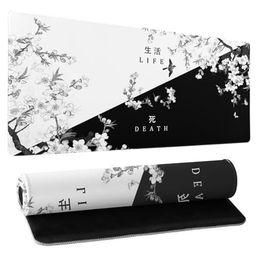 Black and White Cherry Blossom Gaming Mouse Pad XL，Large Mouse Pad Japanese Sakura Death Life Mouse Mat Desk Pad, Extended Stitched Non-Slip Rubber Edges Mousepad 31.5 X 11.8 Inch - color: Black and White Cherry Blossom, size: 31.5x11.8 Inch