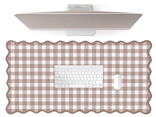 Scalloped‌ Checkered Desk Mat Cute Brown Gingham XXL Large Gaming Mouse Pad Farmhouse Cottagecore ‌Vintage‌ Keyboard Computer Mat Pad for Desktop Aesthetic Cozy Office Desk Decor - color: A2-brown