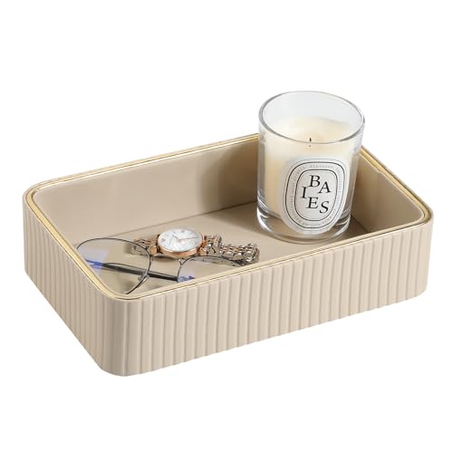 Desk Organizer Tray, PU Leather Nightstand Organizer Perfume Valet Tray for Men Women, Decorative Vanity Trays Trinket Dish Key Bowl for Entryway Bedside Table (Beige, Small) - color: Beige, Small