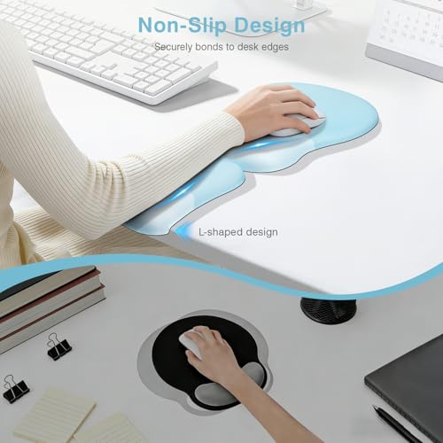 Ospelelf Mouse Pad with Wrist Rest Set Foam L-Shaped Desk Elbow Pad Ergonomic Desk Edge Cushion Anti-Slip Rubber Bottom Office Women Desk Accessories for Computer, Laptop and Gaming, Blue - color: Blue