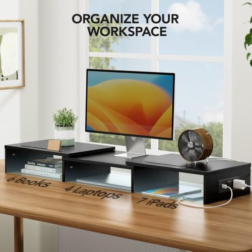 HUANUO Dual Monitor Stand -Monitor Stand with USB ports ,Adjustable Length and Angle, Dual monitor riser w/ Desktop Socket, Monitor Stand Riser for PC, Computer, Laptop (Black)