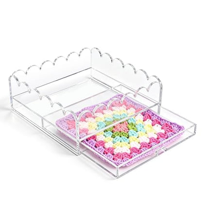 Scalloped Acrylic Tray, 7" x 7" Clear Acrylic Tray with Insert Drawer | Durable Acrylic, Modern Desk Decor Gift, Acrylic Trays for Needlepoint insert, Photos, Art, Fabric, Napkin, Jewelry Organizer - size: 7" x 7" x 2.4"