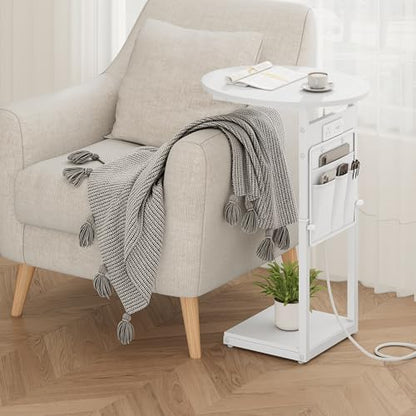 Vagusicc C Shaped End Table with Charging Station, 32" Tall Side Table for Couch and Recliner, Adjustable Height Small Couch Side Table Slide Under Sofa TV Tray Table for Living Room, Bedroom, White - color: White, style: Charging Station