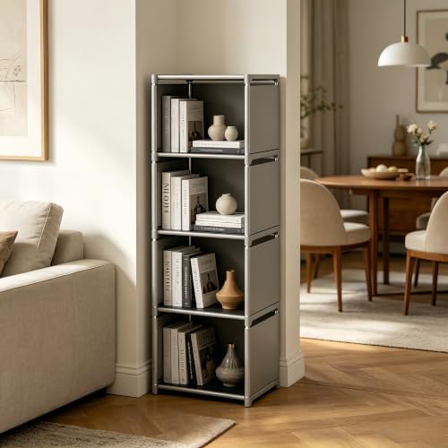 RIIPOO Book Shelf, 4-Cube Storage Organizer, Metal & Fabric Bookcase for Small Spaces, Bedroom, Living Room - style: 4-Cube