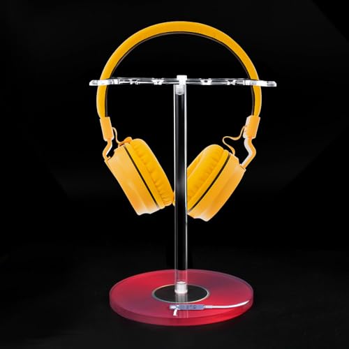 Clear Acrylic Headphone Stand with Patterned Base – Universal Holder for AirPods Max, Gaming & Wireless Headphones – Space-Saving Desk Organizer for Home & Gaming Setup (Red Record/LP) - style: Red Record/LP