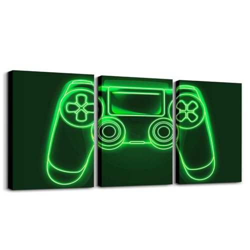 Feelyou Boys Gaming Canvas Wall Art for Living Room Wall Decor for Bedroom Bathroom Game Controller Paintings Modern 3pcs Gaming Framed Canvas Art Prints Ready to Hang Gamer Pictures Home Decorations - color: Dark Black Green