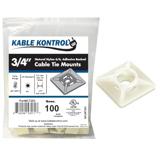 Kable Kontrol Zip Tie Mounts, 3/4” Sq, Natural White, 100 Pcs, Adhesive Backed Multi-Purpose Mounting Squares Nylon Cable Tie Wrap Anchor Pads for Cable Management - color: White, size: 3/4" Inch Square - 100 Pcs