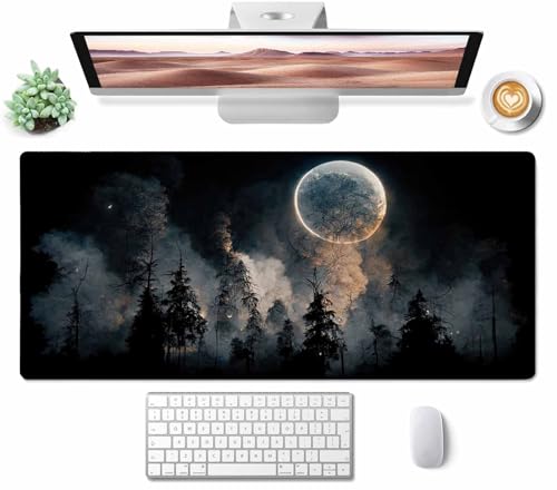 Gaming Mouse Pad, Large Mouse Pads for Desk, Non-Slip Rubber Base Mousepad, Keyboard Mouse Mat, Desk Pad with Stitched Edges, 35.4x15.7 inch Full Moon in The Night Sky Forest Landscape - color: Full Moon in the Night Sky Forest, size: 35.4L x 15.7W inches