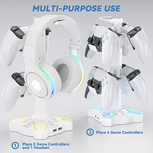KDD Gaming Headphones Stand, Rotatable Headset Stand with Light Modes - Controller Holder with 2 USB Charging Ports and 3.5mm - Earphone Hanger Accessories for Desktop Gamer(White) - color: White