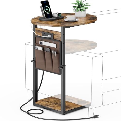 Vagusicc C Shaped End Table with Charging Station, Adjustable Height Side Table for Couch, 32" Tall End Table Small Couch Side Table, Slide Under Sofa TV Tray Snack Arm Tables for Living Room, Brown - color: Rustic Brown, style: Charging Station