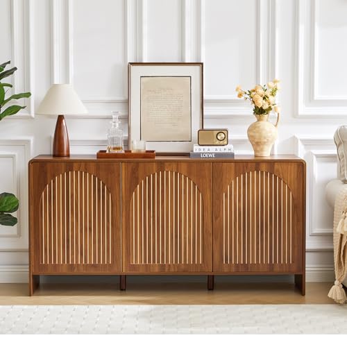 59" Long Buffet Cabinet with Storage, 3 Door Sideboard Kitchen Cabinet with Adjustable Shelf, Wood TV Stand Console Table for Living Room, Arched Accent Sorage for Coffee Bar (3 Doors - Walnut)