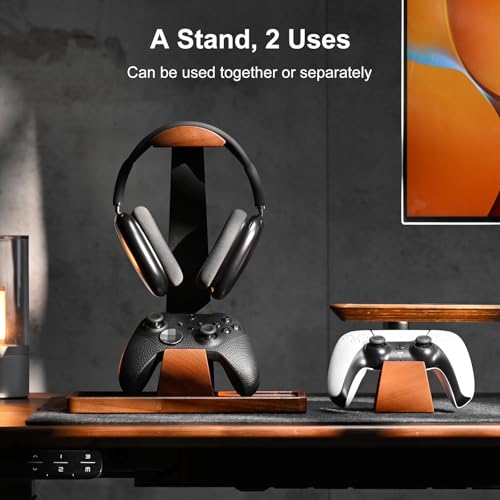 UPERGO Headset Stand with 2 Controller Holders - Solid Wood & Metal Gaming Headphone Holder for Switch, Controllers, and Desk Accessories (Wood) - color: Wood