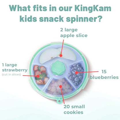 KingKam Kids Snack Spinner Containers, Reusable Toddler Spin Snack Container Box with 4 Compartments & Lid, BPA Free Food Grade Silicone Tray Dishwasher Safe, Travel Snacking Accessories (Blue/Green)