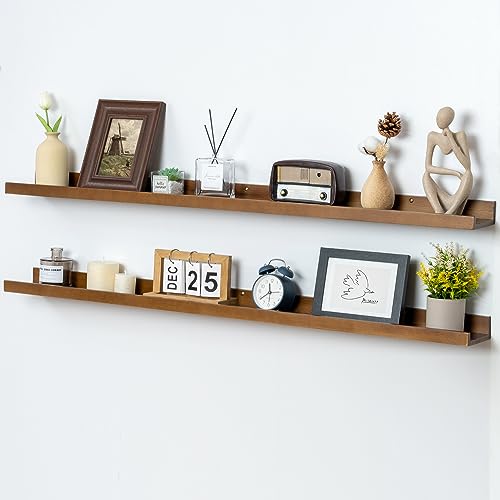 FLYJOE Picture Ledge Wall Shelves 48 inch Width Set of 2, Solid Pine Wood Rustic Floating Ledge Shelves for Wall for Kids' Room Bedroom Kitchen Bathroom Living Room Nursery Display Wall Decor, Walnut - color: Walnut, size: 48'', set of 2