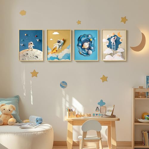 Framed Space Astronaut Wall Art for Nursery Decor, 4 Piece Outer Space Themed Canvas Art Prints Paintings, Planet Rocket Pictures for Bedroom, Kids Room, Baby Room, Boys Room, Bathroom Wall Decor - color: 4 Pieces-Planet, size: 11"W x 14"H x 4Pcs