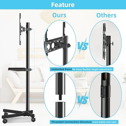 Mobile TV Carts on Wheels for 21-60 Inch Flat/Curved Panel Screens TVs - Height Adjustable Floor Trolley Stand with Shelf Holds up to 77lbs - Max VESA 400x400mm - color: Black High Quality