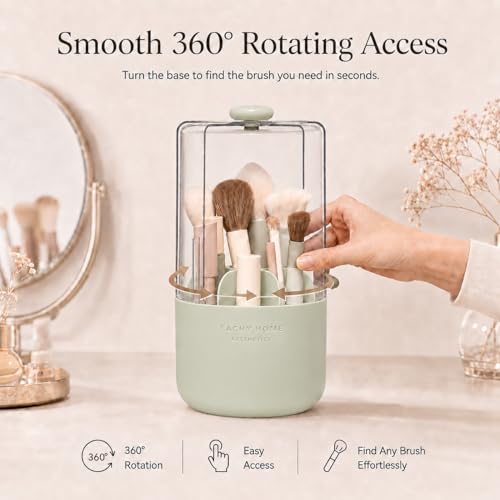 EACHY Makeup Brush Holder with Lid, Rotating Makeup Brush Organizer, Green | Dustproof Lid, 7 Compartments, Waterproof Plastic, Vanity Makeup Organizer for Brushes - color: Green