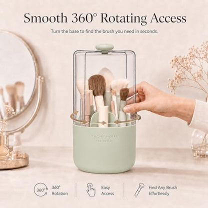 EACHY Makeup Brush Holder with Lid, Rotating Makeup Brush Organizer, Green | Dustproof Lid, 7 Compartments, Waterproof Plastic, Vanity Makeup Organizer for Brushes - color: Green
