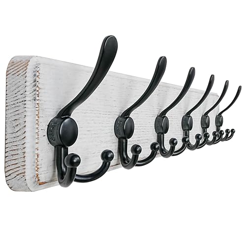 Dseap Coat Rack Wall Mounted - 24" Long 6 Tri Hooks, Heavy Duty Wooden Wall Coat Hanger Coat Hook for Clothes Hat Jacket Clothing, White and Black - color: White & Black, size: L=24"