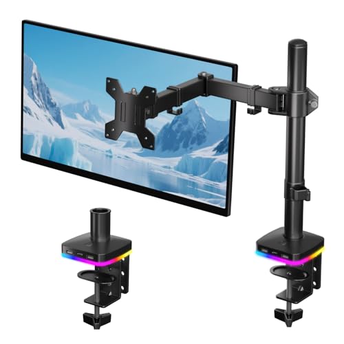 Afaloona RGB Monitor Arm with USB Hub, Single Monitor Stand for 13-27 Inch Screens, 1 USB-C & 2 USB Ports, Ergonomic Desk Mount, Adjustable Desk Mount, VESA 75x75-100x100mm, Up to 17.6lbs - size: RGB Single Monitor Arm