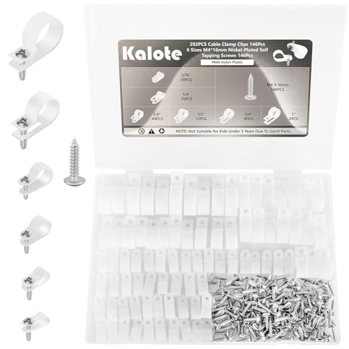292Pcs White PA66 Nylon R Type Cable Clamps Clips Assortment Kit | Good Ductility, Fireproof, 6 Sizes (3/16'' 1/4'' 3/8'' 1/2'' 3/4'' 1''), 146pcs M4 Screws, for TV/PC/AC Cables & Wires. - color: 292 White