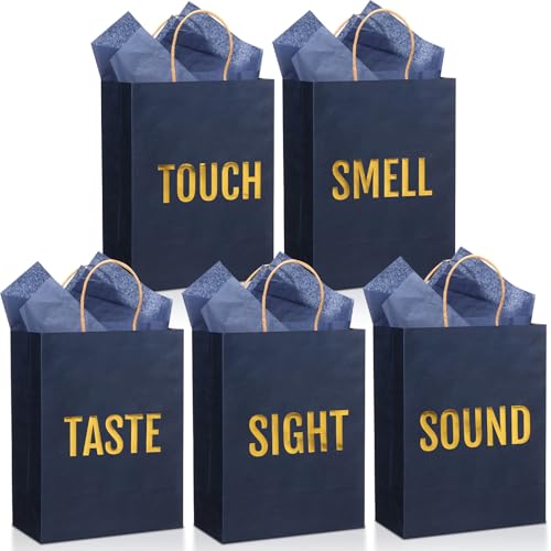 Kolldenn 5 Senses Gift Bags for Him for Her with 10 Pcs Tissue Paper, Paper Bags with Handles Five Senses Gifts for Valentines Christmas Birthday Wedding Anniversary(Dark Blue,8.3 x 4.3 x 10.6 Inch - color: Dark Blue, size: 8.3 x 4.3 x 10.6 Inch