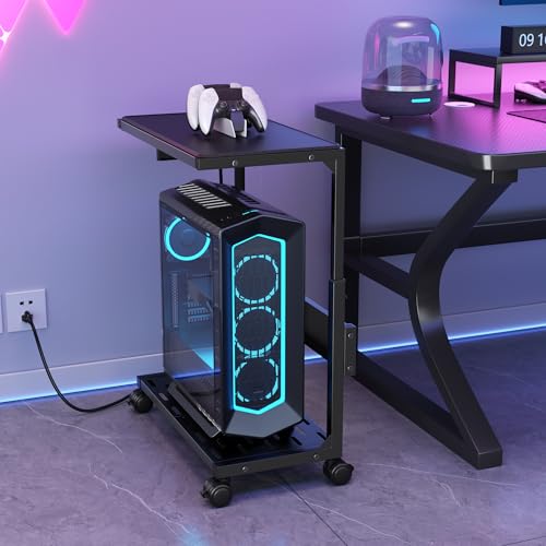 Aquzee PC Stand, Adjustable Computer Tower Stand on Wheels, Heavy Duty Metal Computer Case Cart with Power Strip, Under Desk Rolling PC Holder for Floor Carpet, Gaming Home Office Bedroom, Black