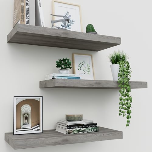 Upassion Floating Shelves for Wall Set of 3, 16" Gray Wall Shelves for Home Decor, Frame Display Floating Shelf for Living Room, Bedroom, Bathroom, Kitchen - color: Grey, size: 16 Inch