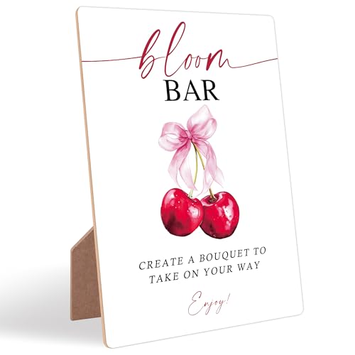 Cherry Wedding Signs for Reception, Pink Bow Bloom Bar Sign, Berry Wooden Wedding Signs with Stand, Pink Bow Theme Bridal Shower Decorations, Bridal Shower Party Supplies for Reception, 01 - color: Cheery01