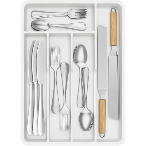 Lifewit Silverware Drawer Organizer Tray, Plastic Cutlery Storage for Kitchen, Flatware and Utensil Holder Divider for Spoons Forks Knives Tableware, 9.5 x 13.4", 5 Slots, White - color: White, size: 9.5 x 13.4 inch (5 Slots)