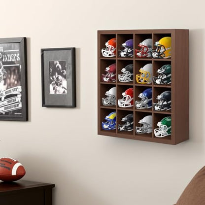 Colingmill 1 Pack Mini Helmet Display Case Pocket Size Football Helmets Wooden Stand Display Cabinet Wall Racks, 11.54"x10.35"x2.4", 4x4 Grid, Black, No Door No Cover(Walnut) - color: Walnut
